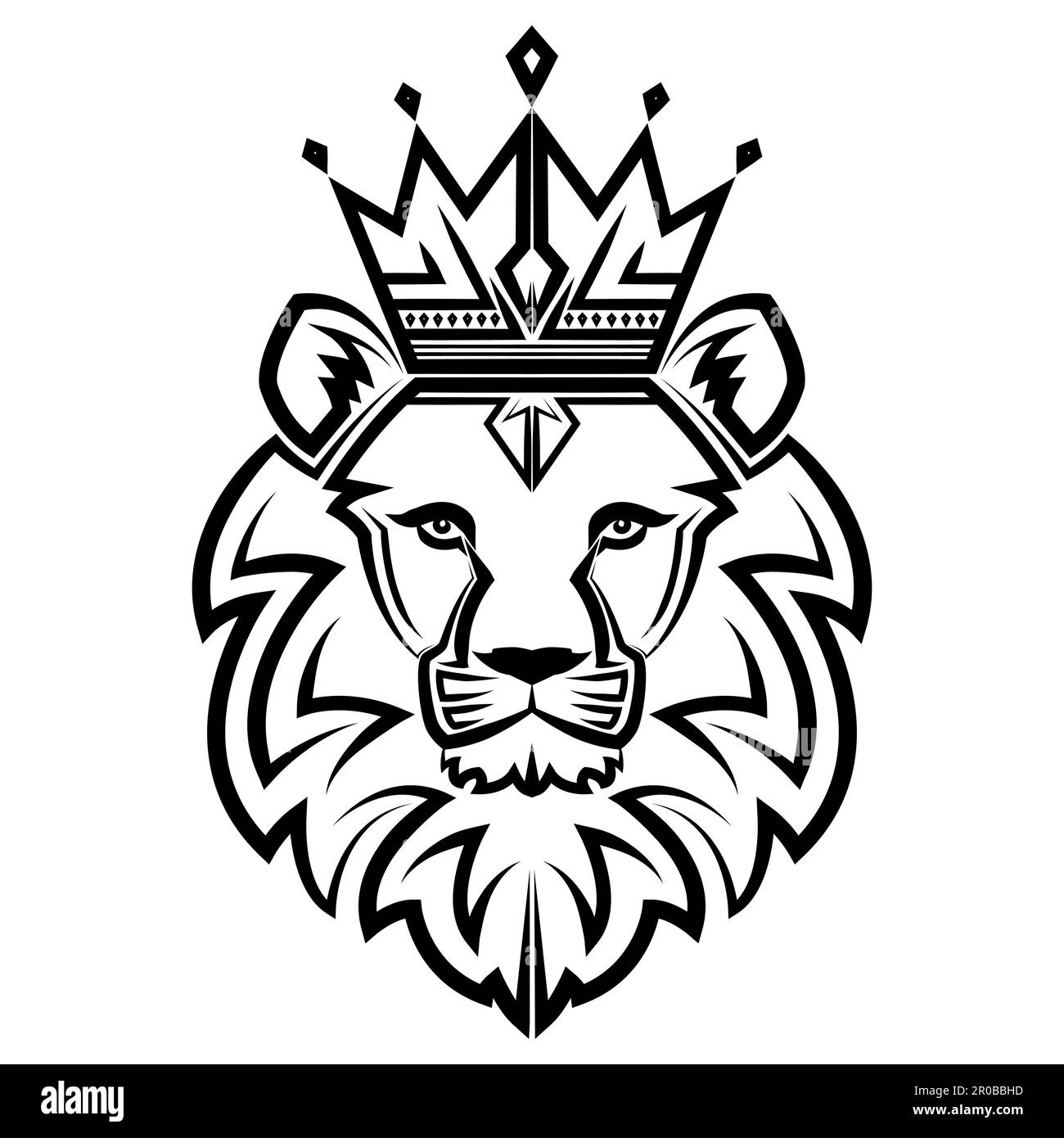 L'art noir et blanc de ligne de l'avant de la tête de roi de lion avec couronne il est signe de leo zodiaque bonne utilisation pour symbole mascotte icône avatar tatouage T shirt Illustration de Vecteur