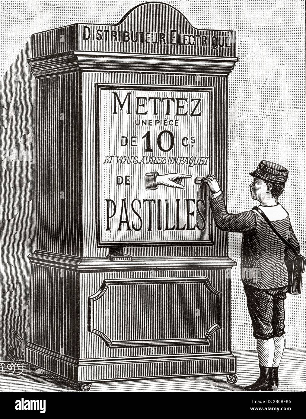 Distributeur de tablettes électriques. Ancienne gravure du 19th siècle de la nature 1887 Banque D'Images