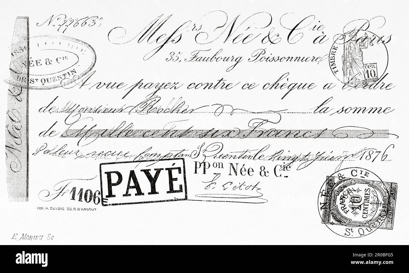 Faux chèque de la fin du 19th siècle, France. Ancienne gravure du 19th siècle de la nature 1887 Banque D'Images