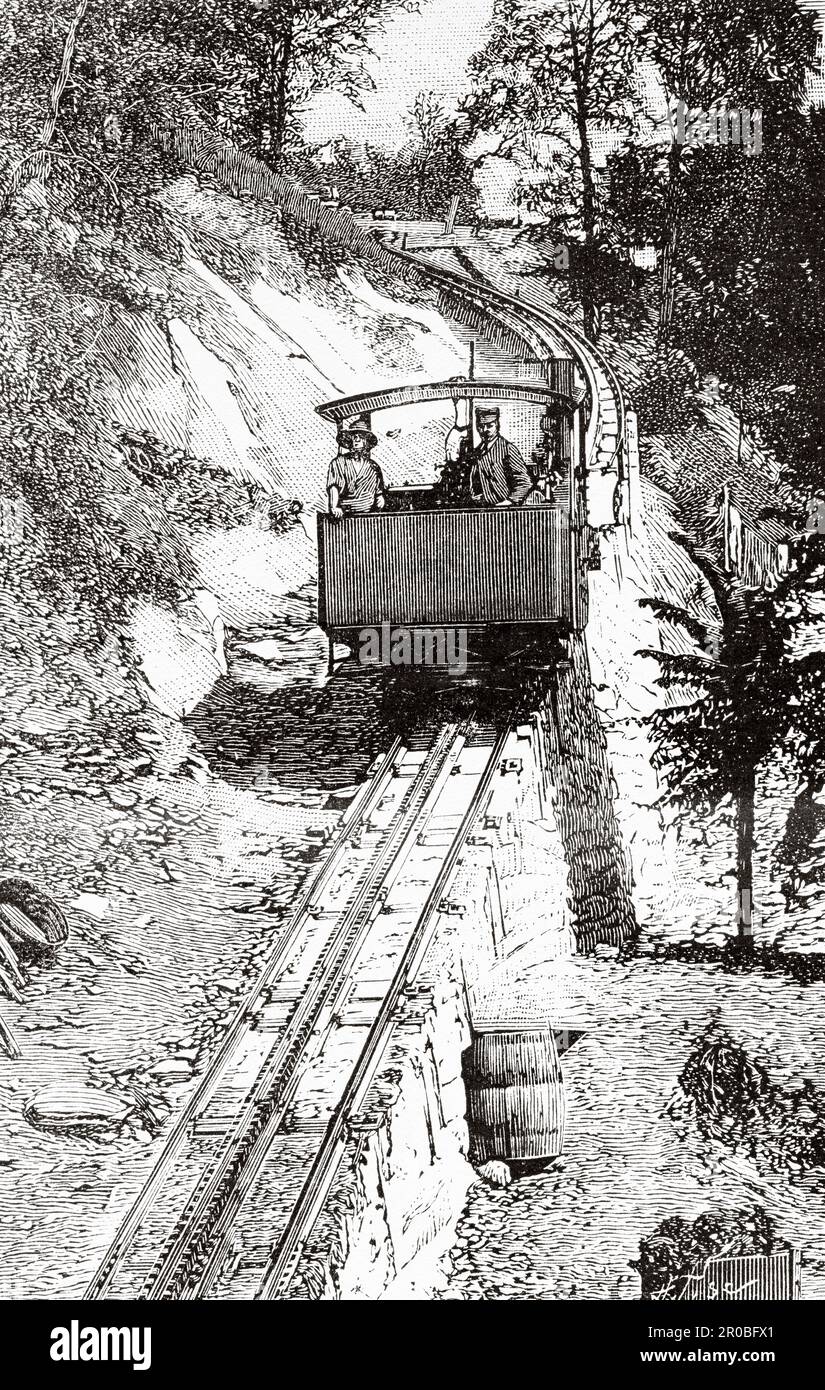 Rampe du chemin de fer à crémaillère du Mont Pilatus Suisse. Ancienne gravure du 19th siècle de la nature 1887 Banque D'Images