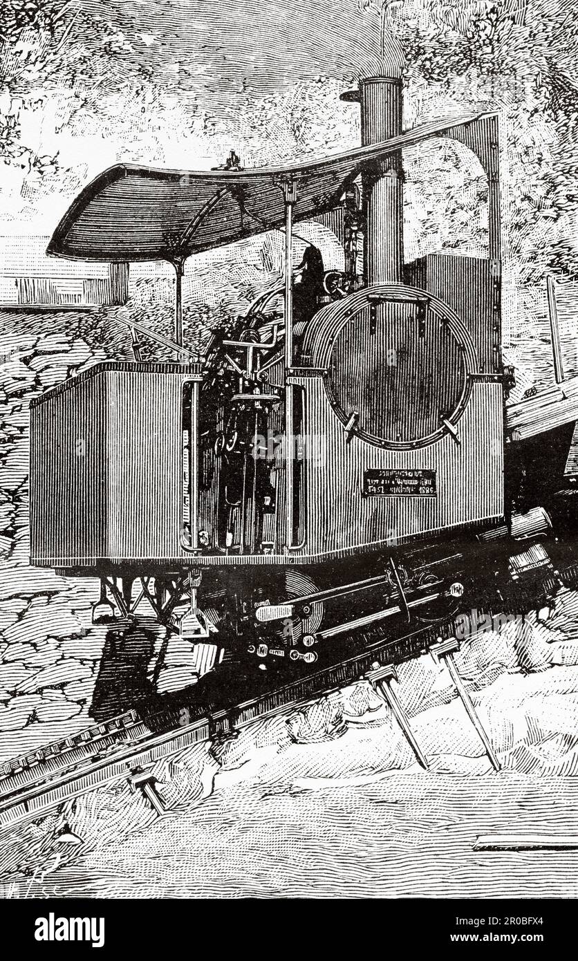 Train à crémaillère du Mont Pilatus Suisse. Ancienne gravure du 19th siècle de la nature 1887 Banque D'Images