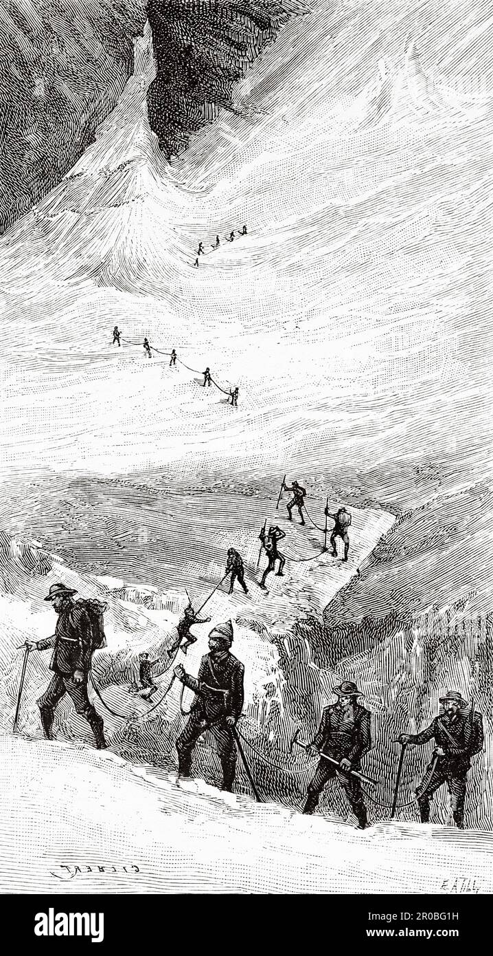 Ascension au Mont blanc par Joseph Vallot et Richard avec vingt-quatre guides 27 juillet 1887. France. Ancienne gravure du 19th siècle de la nature 1887 Banque D'Images