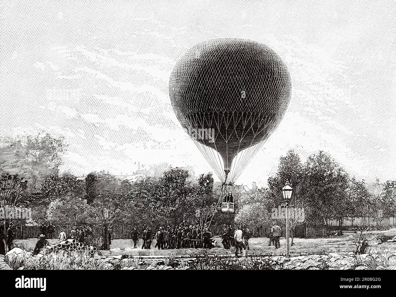 Les premières expériences de l'aérostation militaire de l'armée danoise, les ascensions captives du ballon North Star à Copenhague, au Danemark. Ancienne gravure du 19th siècle de la nature 1887 Banque D'Images