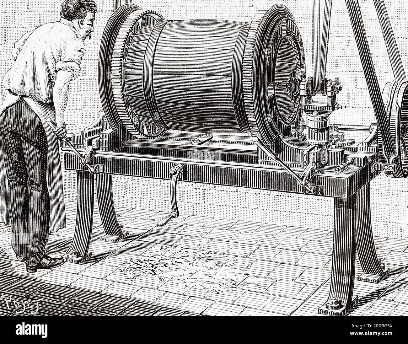 Machine de poinçonnage, biseautage et chanfreinage pour fûts de modèle Montréal. Ancienne gravure du 19th siècle de la nature 1887 Banque D'Images