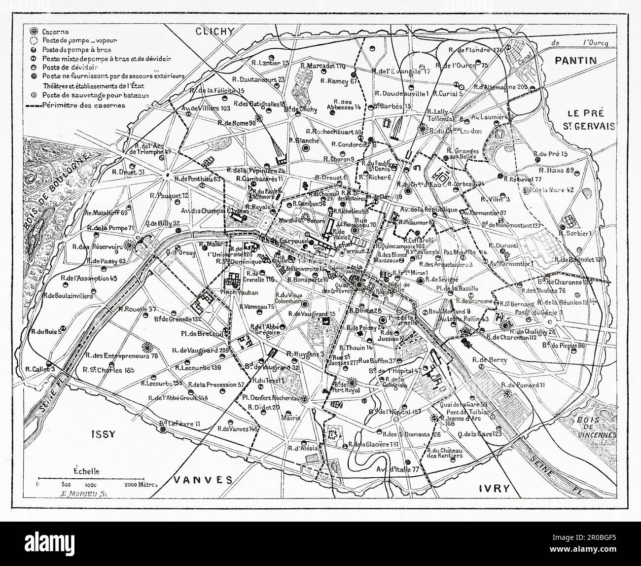 Carte des casernes et des casernes de pompiers à Paris, 1887, France. Ancienne gravure du 19th siècle de la nature 1887 Banque D'Images