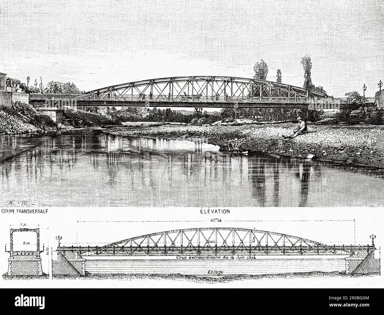 Pont en acier sur le Roubion près de Montélimar, Rhône-Alpes, France. Ancienne gravure du 19th siècle de la nature 1887 Banque D'Images