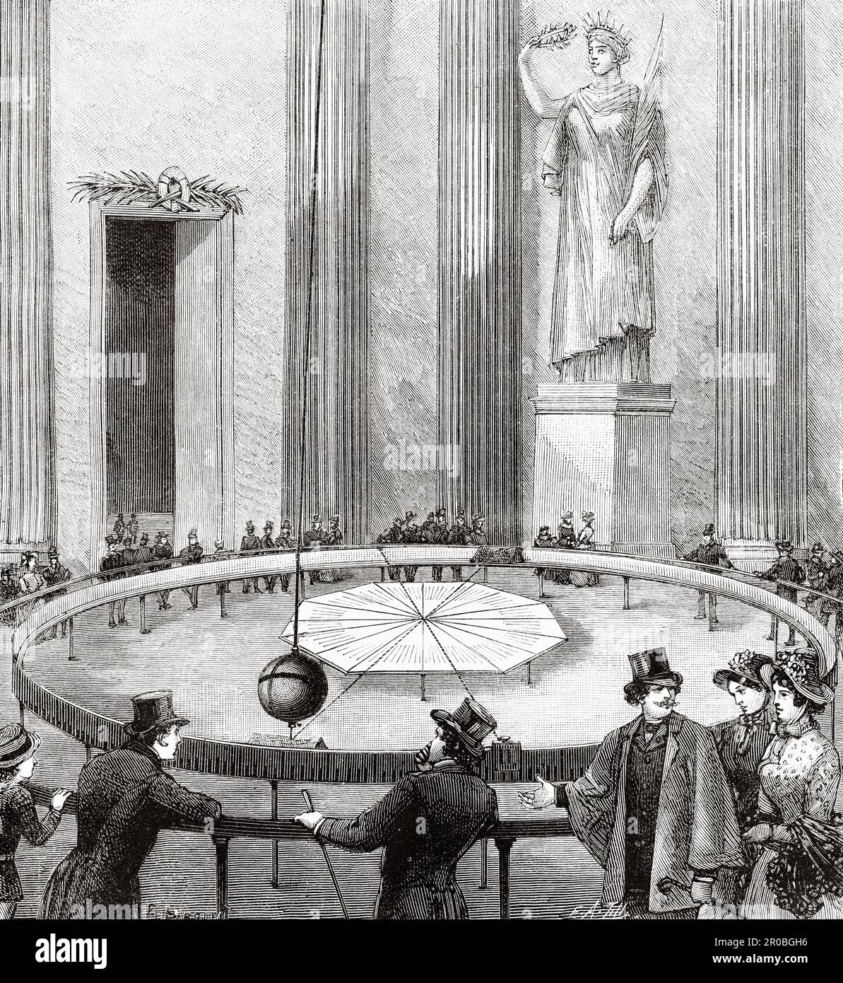 Expérience du pendule de Léon Foucault au Panthéon de Paris 1851, France. Ancienne gravure du 19th siècle de la nature 1887 Banque D'Images