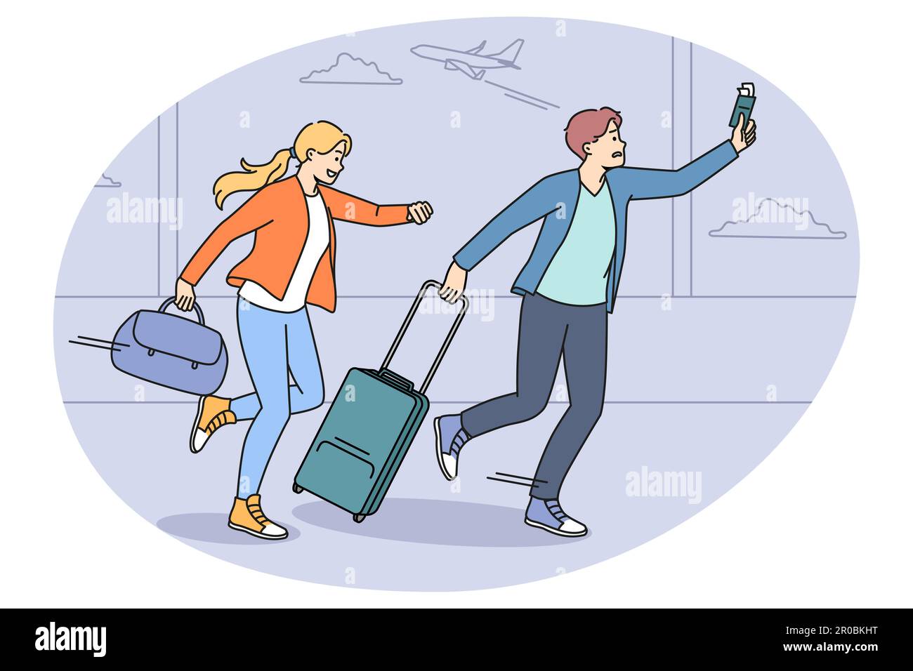 Un couple de touristes inquiets se précipitent pour prendre l'avion à l'aéroport. Les voyageurs d'homme et de femme sont pressés de ne pas manquer un vol en vacances ou en voyage. Concept de voyage et de tourisme. Illustration vectorielle. Illustration de Vecteur