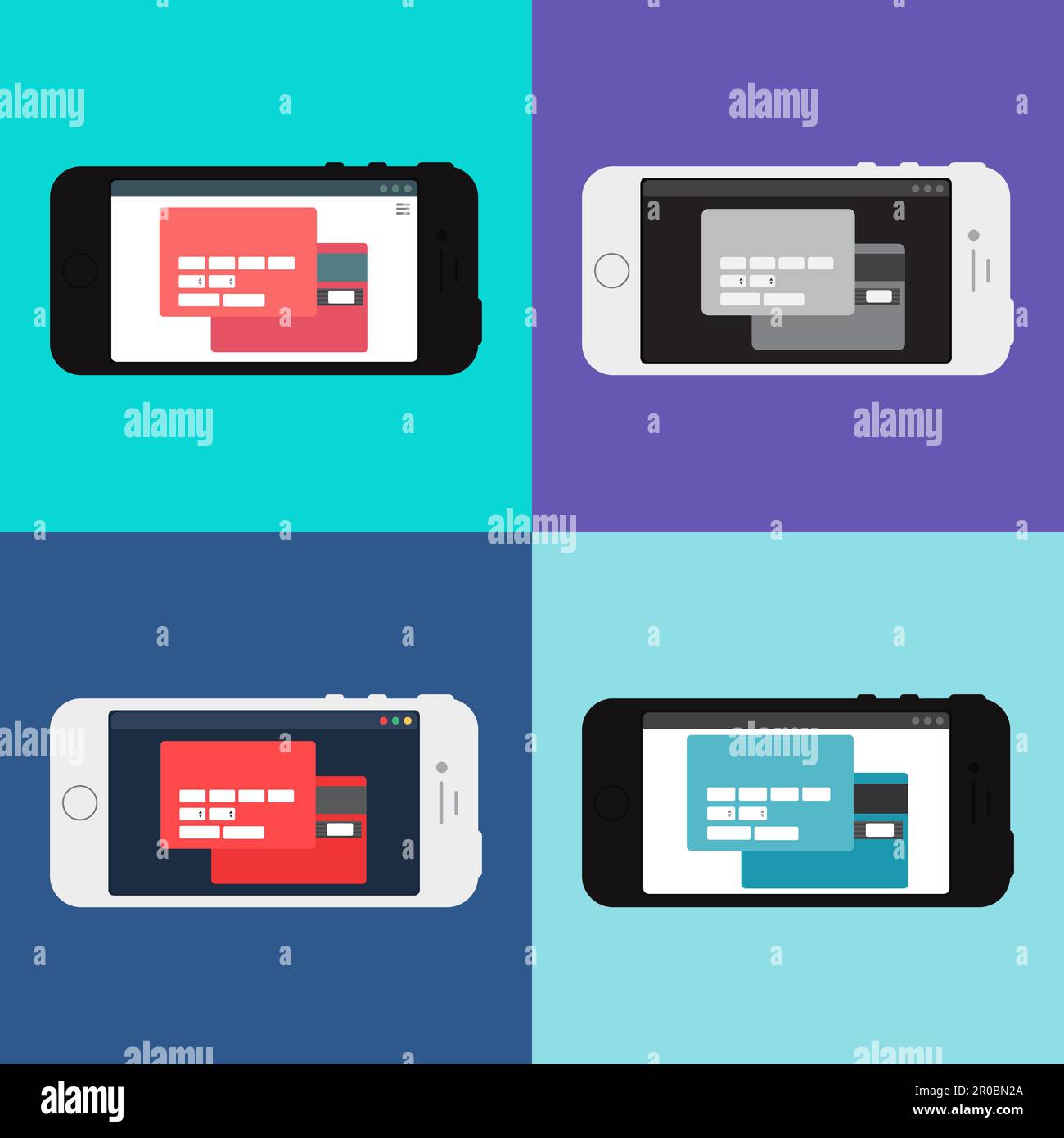 Adaptive Web Phone Template et Gadget Elements pour le type de site d'achat en ligne et la saisie des données de carte sur le smartphone. Vecteur Illustration de Vecteur