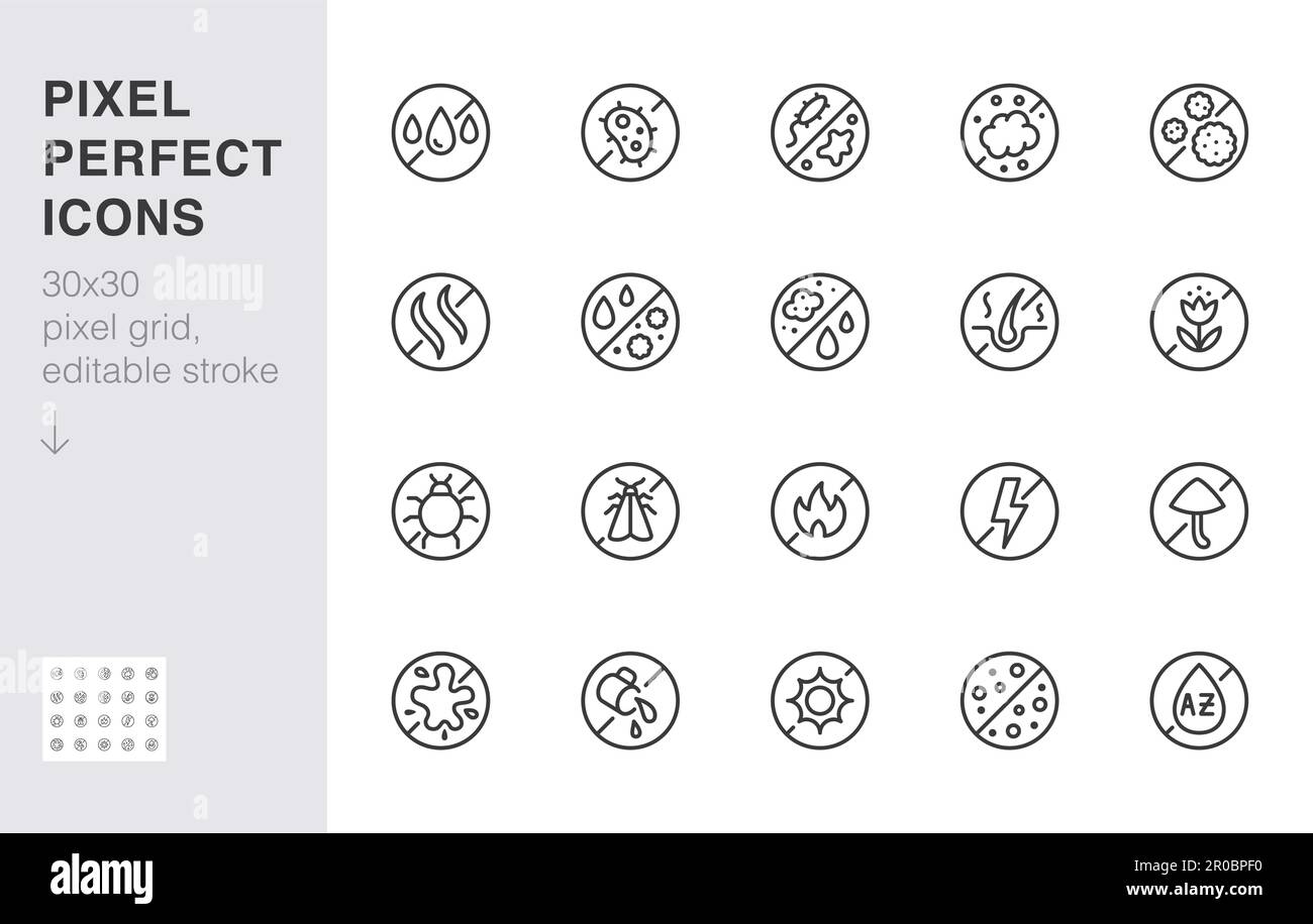 Jeu d'icônes de ligne de protection en tissu. Illustration vectorielle minimale antistatique, résistante à la transpiration et antibactérienne. Signe de contour simple pour Illustration de Vecteur