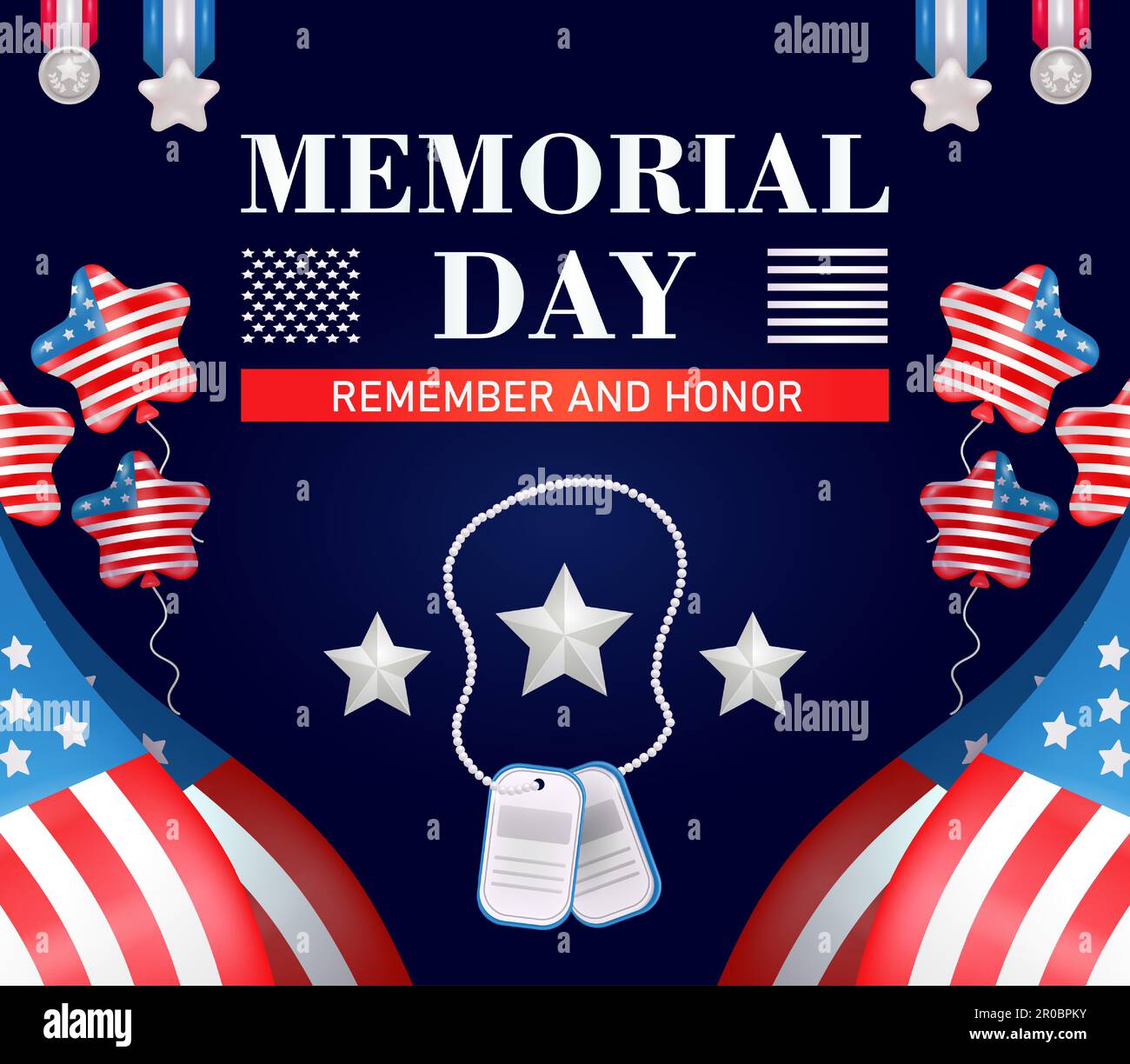 Memorial Day - Rappelez-vous et honorez avec 3D éléments vectoriels du drapeau des États-Unis, des étiquettes, des ballons et des médailles Illustration de Vecteur