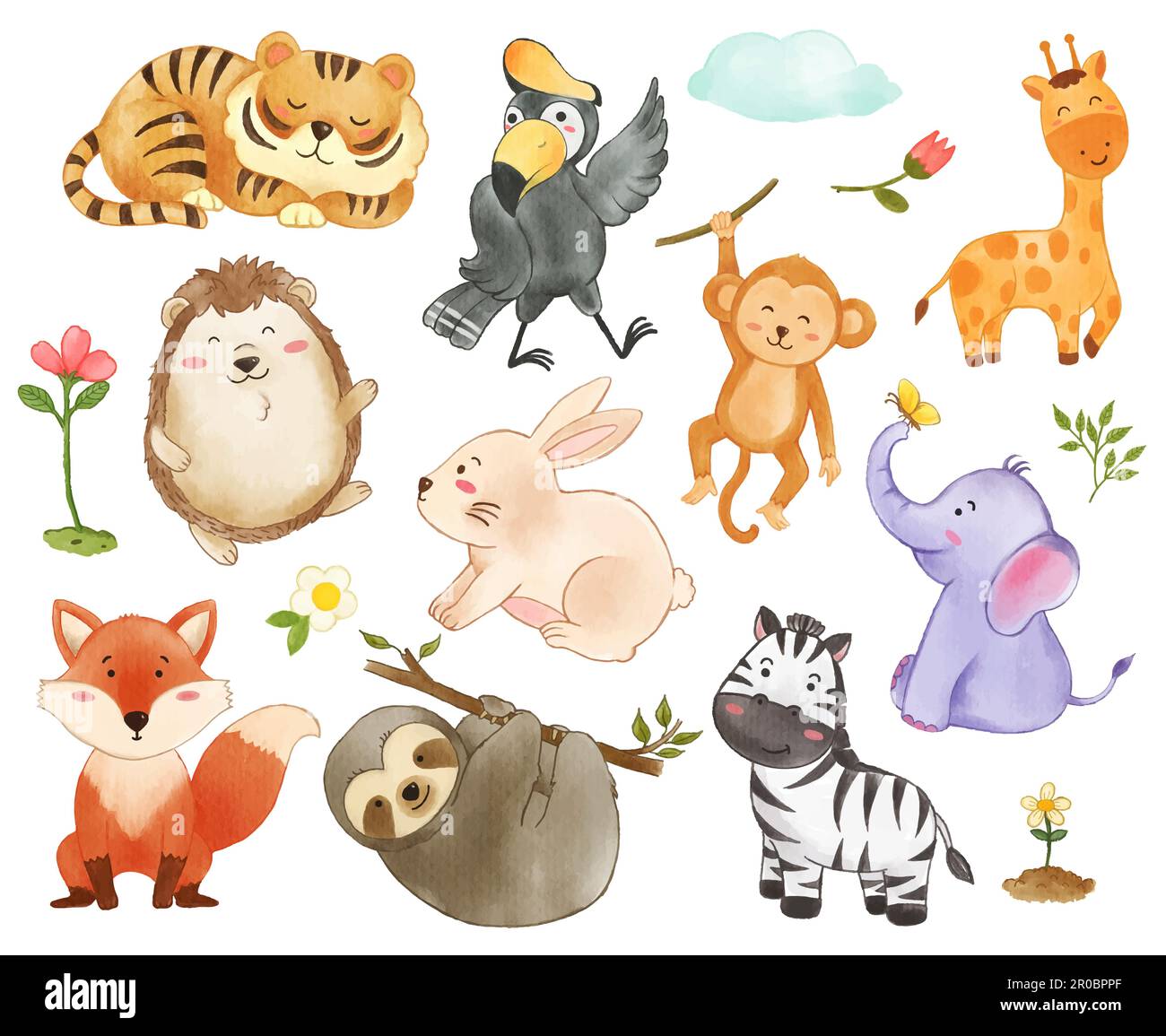 Collection d'animaux sauvages et d'éléments végétaux . Aquarelle peinture dessin animé dessin de caractères . Vecteur . Illustration de Vecteur