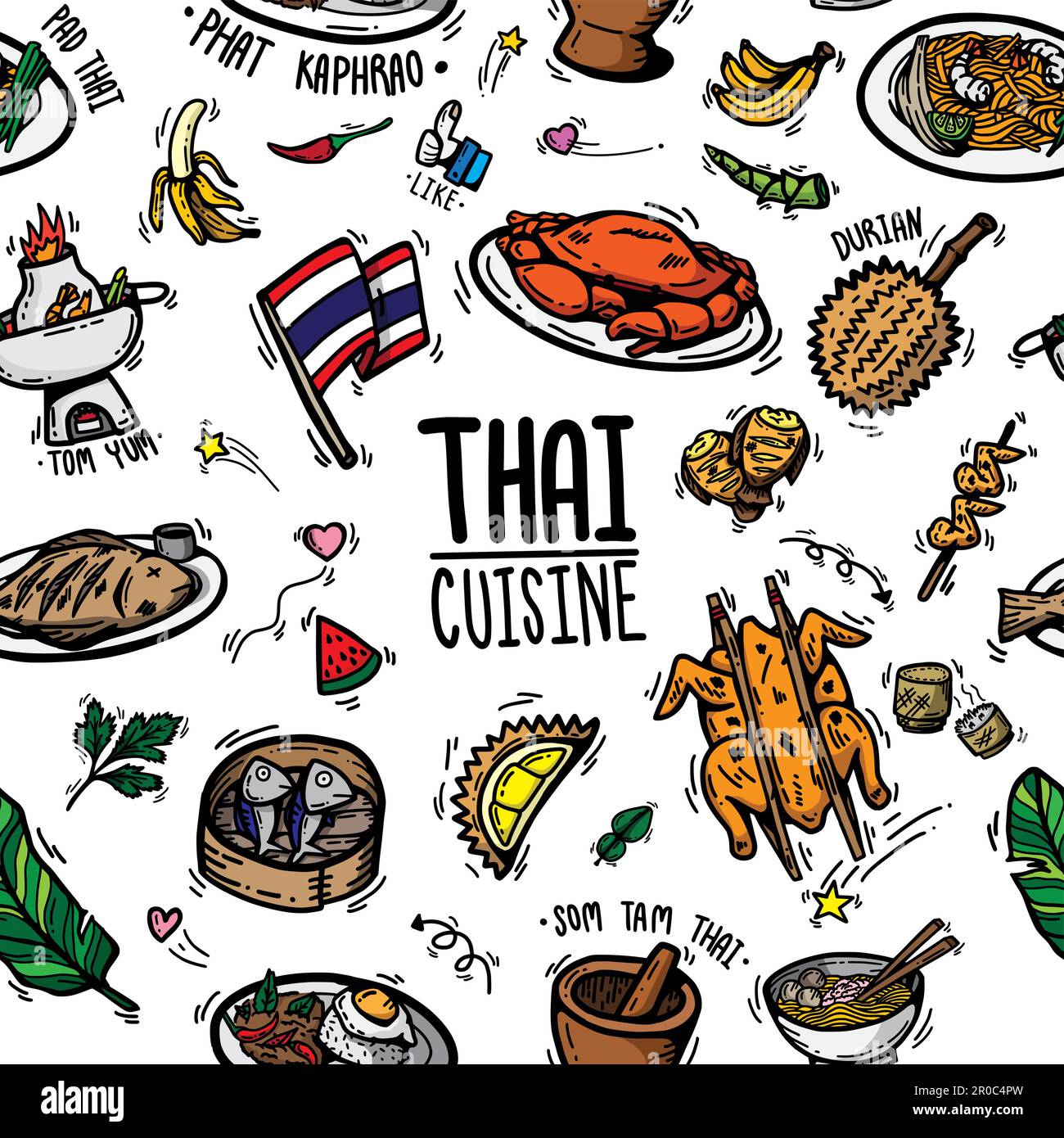 Mignon Doodle caricature régional savoureux plats thaïlandais menu populaire, desserts, fruits et ingrédients. dessin d'un contour vectoriel d'arrière-plan de motif transparent Illustration de Vecteur