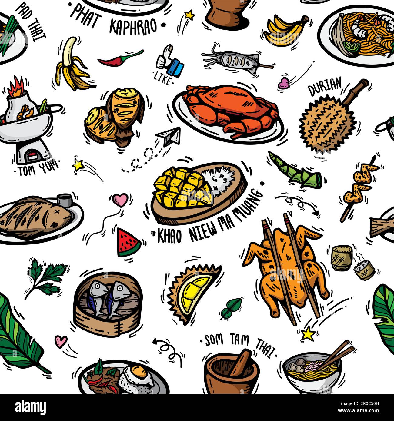 Mignon Doodle caricature régional savoureux plats thaïlandais menu populaire, desserts, fruits et ingrédients. dessin d'un vecteur d'arrière-plan de motif transparent Illustration de Vecteur