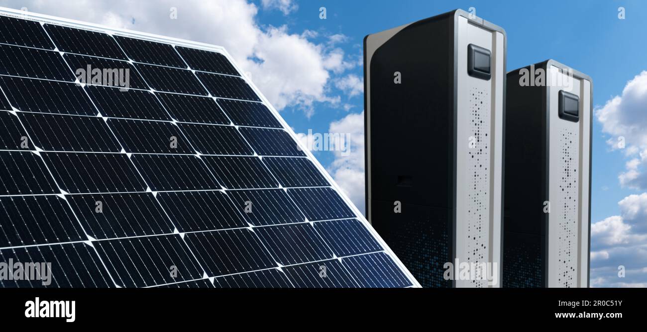 Panneau solaire avec stockage d'énergie rechargeable. Photo de haute qualité Banque D'Images