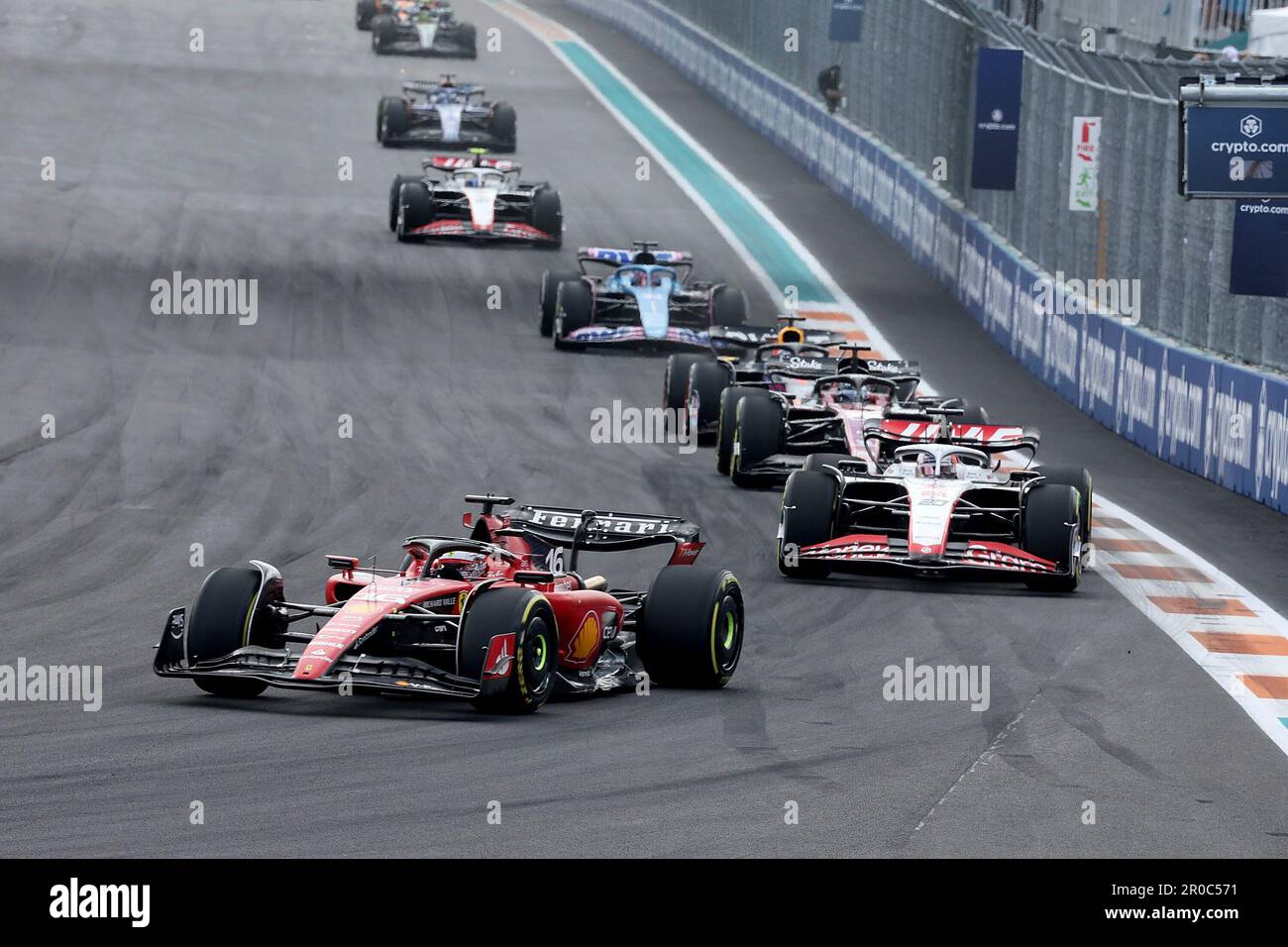 Miami, États-Unis. 07th mai 2023. 05/07/2023, Miami International Autodrome, Miami, FORMULE 1 CRYPTO.COM GRAND PRIX DE MIAMI, sur la photo Charles Leclerc (MCO), Scuderia Ferrari, Kevin Magnussen (DNK), Moneygram Haas F1 Team, Valtteri Bottas (fin), Alfa Romeo F1 Team Stake, Max Verstappen (NLD), Red Bull Stappen, Oracle Live Racing News Banque D'Images