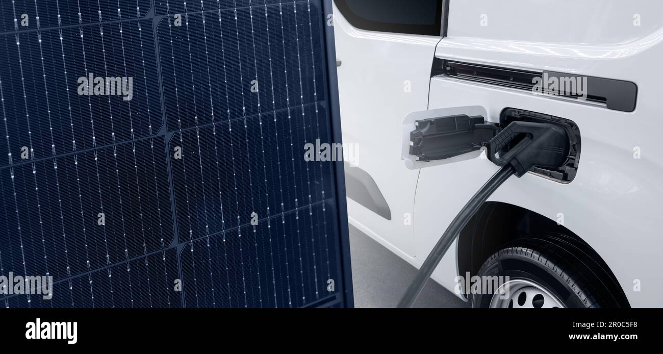 Fourgonnette électrique avec station de charge et panneau solaire. Photo de haute qualité Banque D'Images
