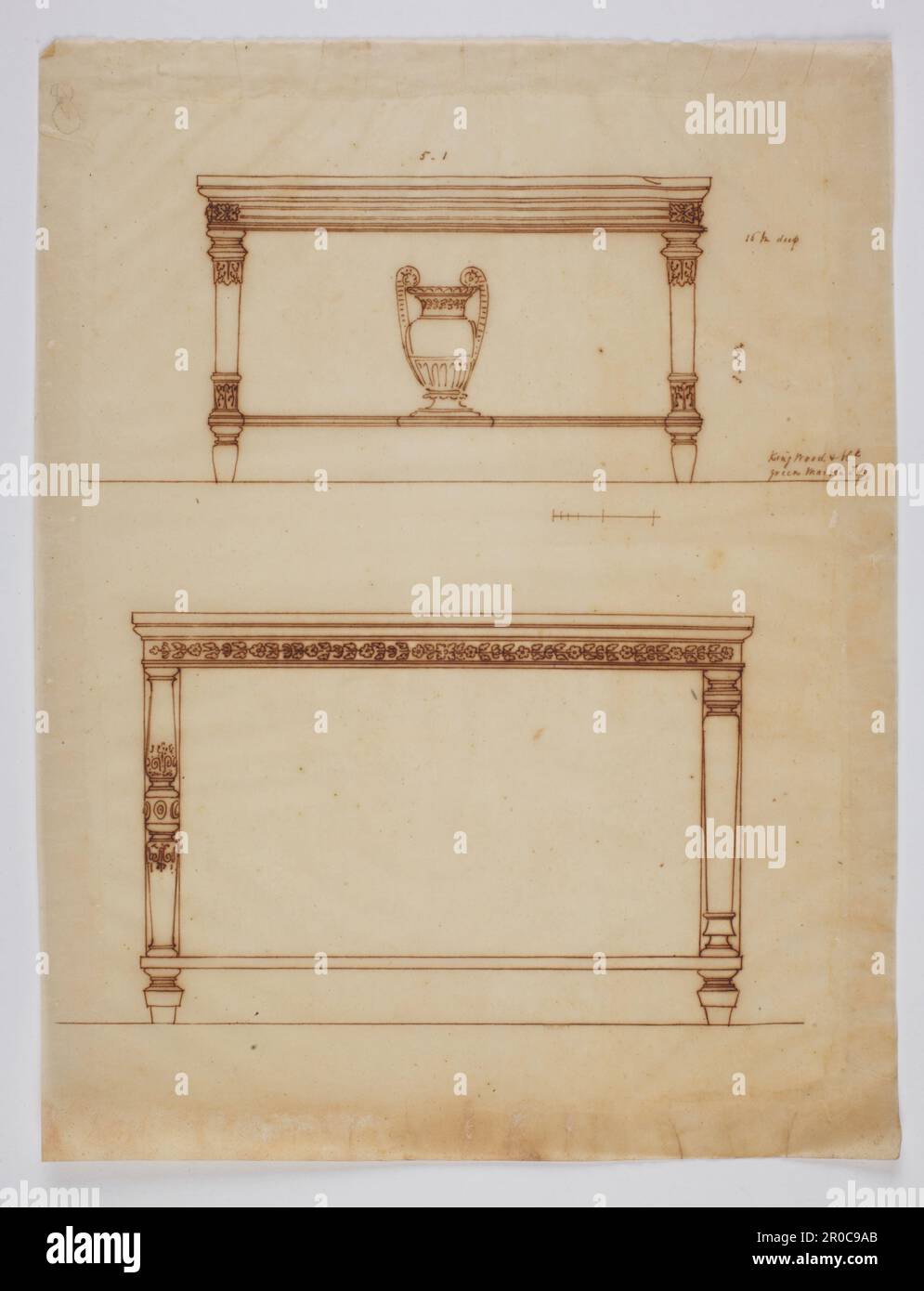 Wilkinson Tracing, conception pour deux tables, 1820. Encre sur papier de traçage. Concepteur : George Bullock. Rapporteur pour avis: Thomas Wilkinson Banque D'Images