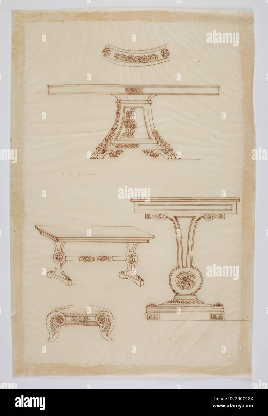Wilkinson Tracing, conception pour un piédestal, deux tables de canapé et un tabouret, 1820. Encre sur papier de traçage. Concepteur : George Bullock. Rapporteur pour avis: Thomas Wilkinson Banque D'Images