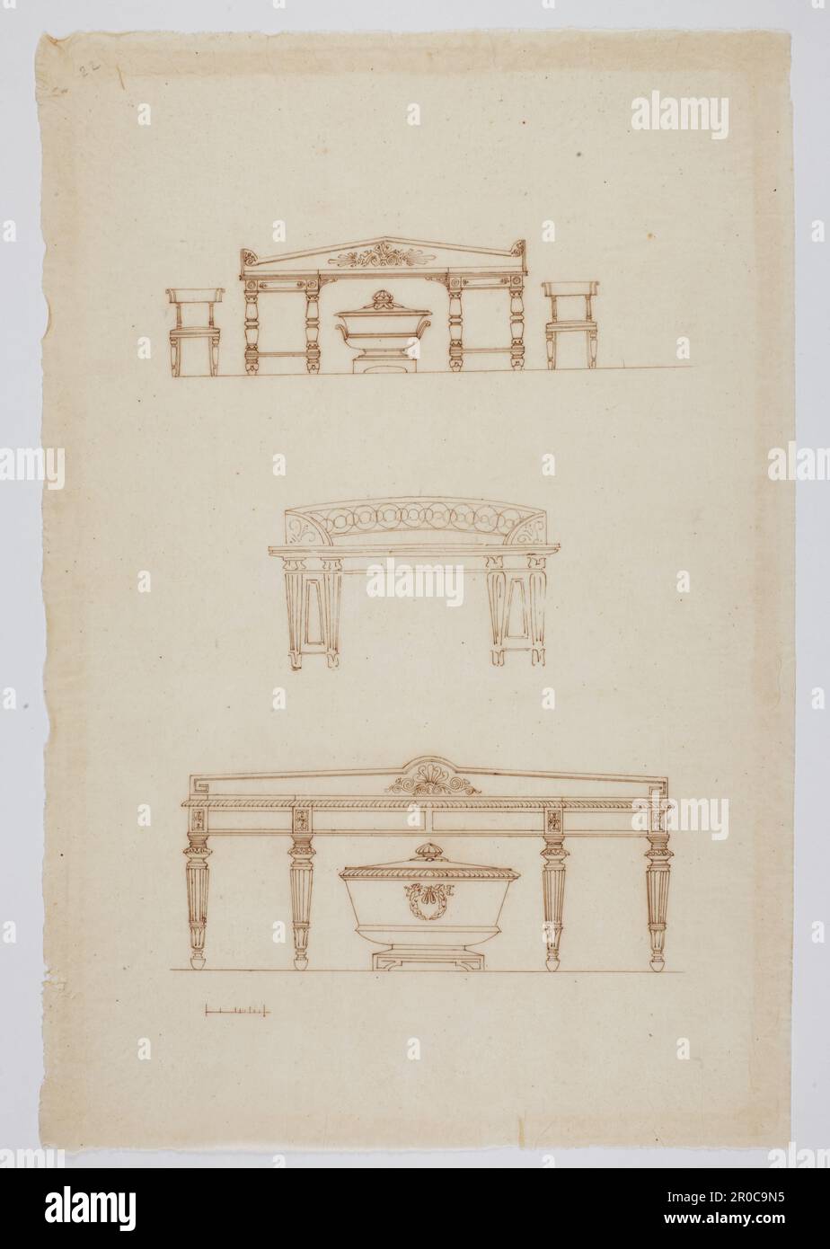 Wilkinson Tracing, conception pour trois buffets, 1820. Encre sur papier de traçage. Concepteur : George Bullock. Rapporteur pour avis: Thomas Wilkinson Banque D'Images
