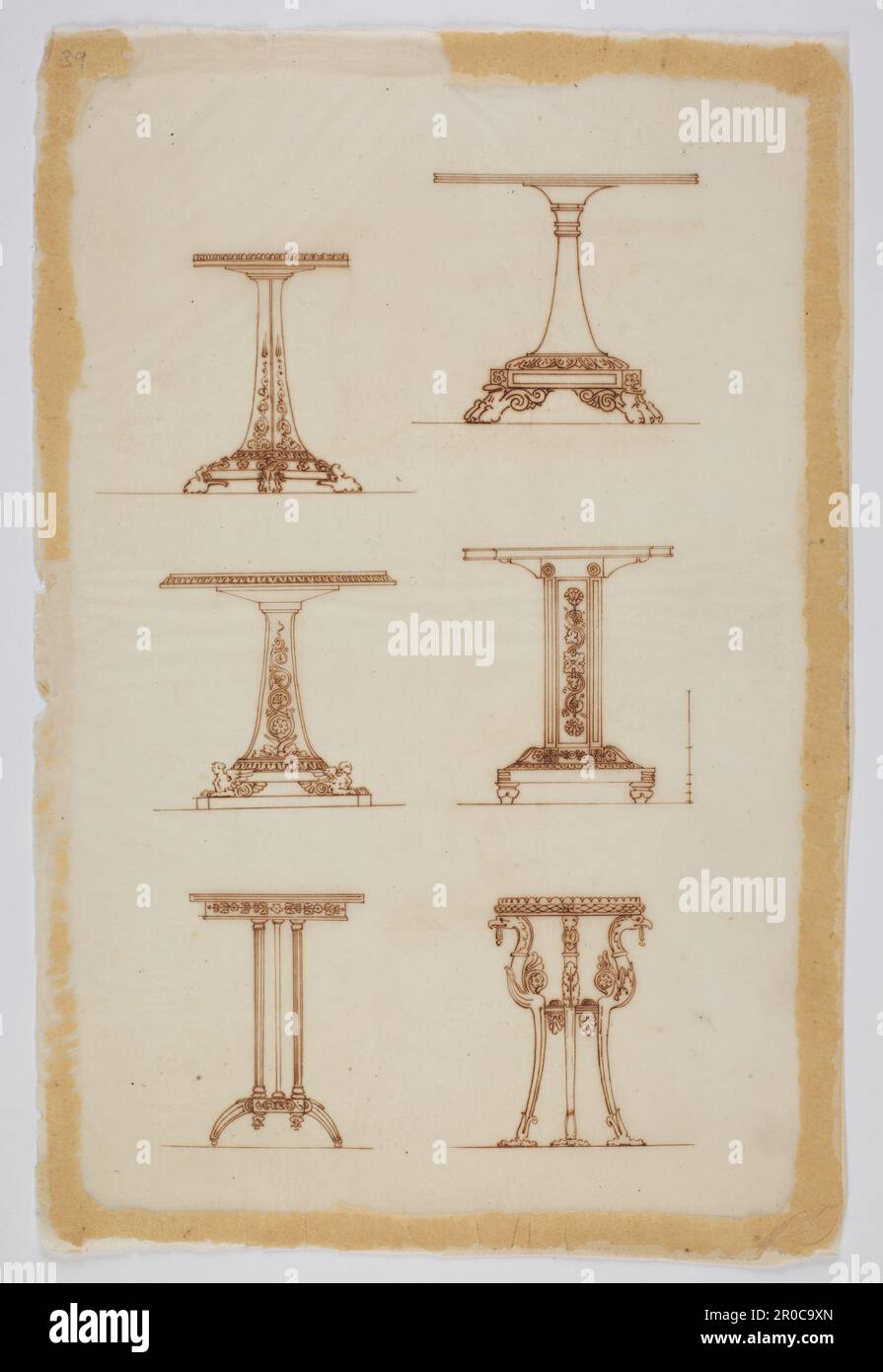 Wilkinson Tracing, conception pour six tables différentes, 1820. Encre sur papier de traçage. Concepteur : George Bullock. Rapporteur pour avis: Thomas Wilkinson Banque D'Images