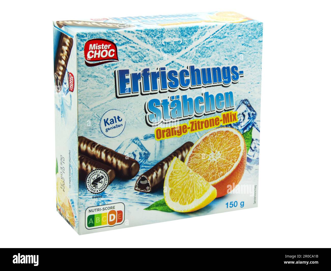 Mister Choc Erfrischungsstäbchen Orange Zitrone und Verpackung Banque D'Images