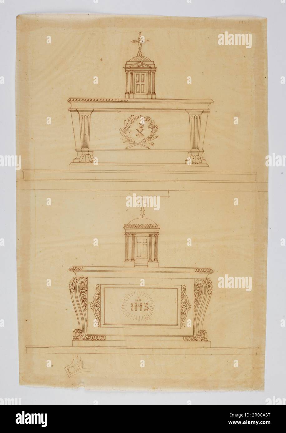 Wilkinson Tracing, deux dessins pour les altarpettes et les tabernacles, 1820. Encre sur papier de traçage. Concepteur : George Bullock. Rapporteur pour avis: Thomas Wilkinson Banque D'Images