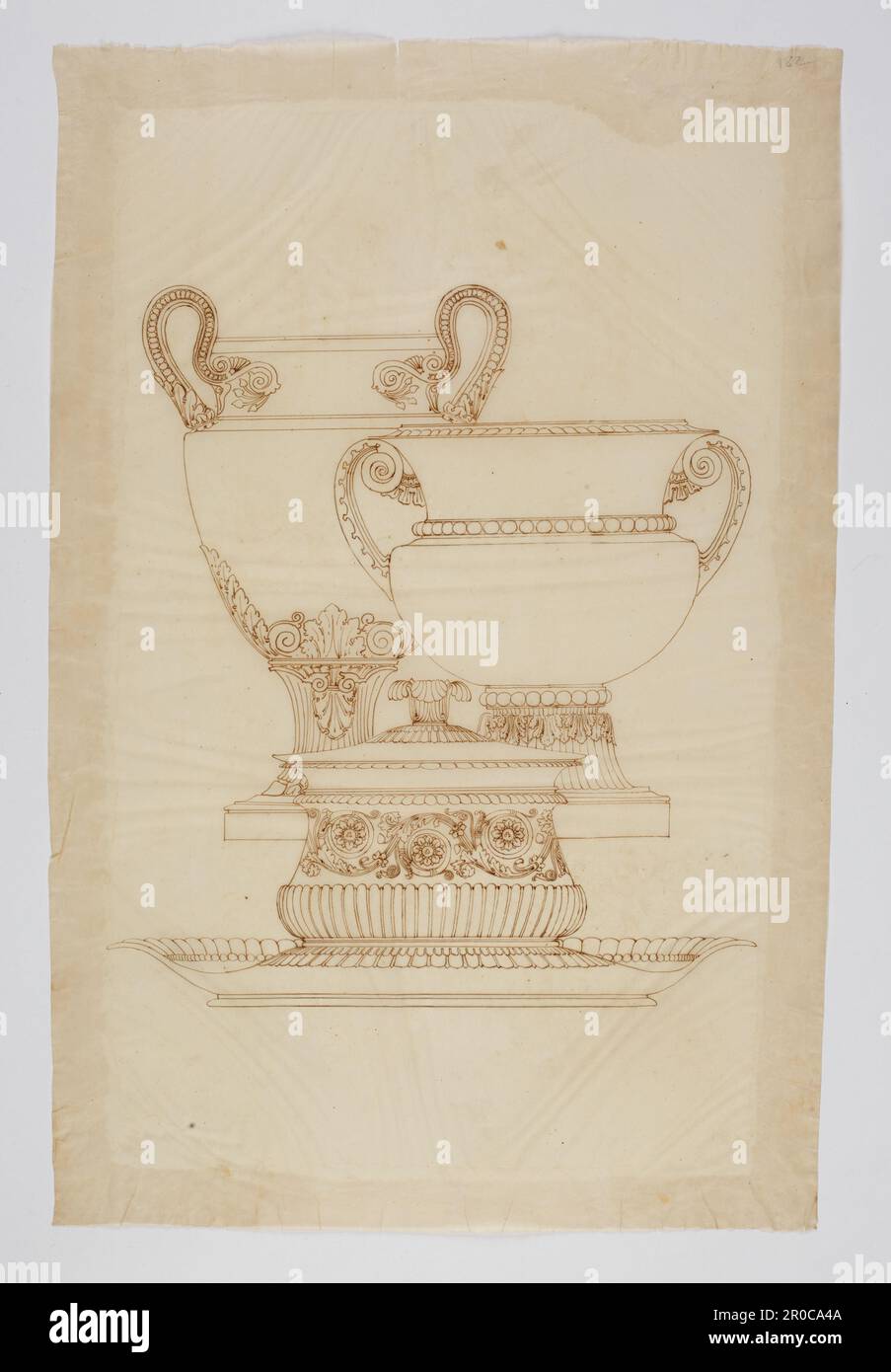Wilkinson Tracing, Designs for Two urns and a reen, 1820. Encre sur papier de traçage. Concepteur : George Bullock. Rapporteur pour avis: Thomas Wilkinson Banque D'Images