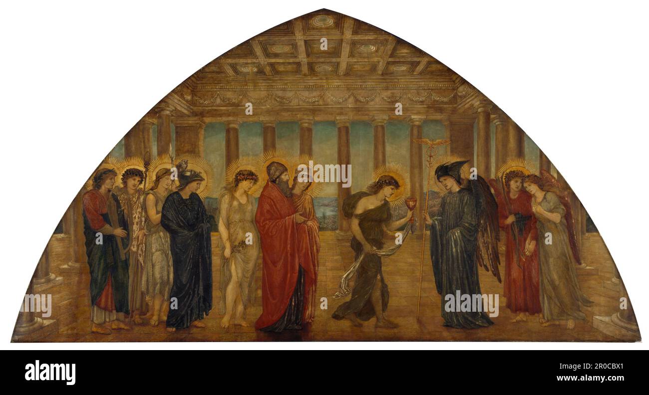 Cupid et psyché - Palais des peintures murales vertes - psyché entrant dans les portails de l'Olympe, 1881. Par Sir Edward Burne-Jones et Walter Crane. Une scène du poème épique de William Morris, « le paradis terrestre » Banque D'Images