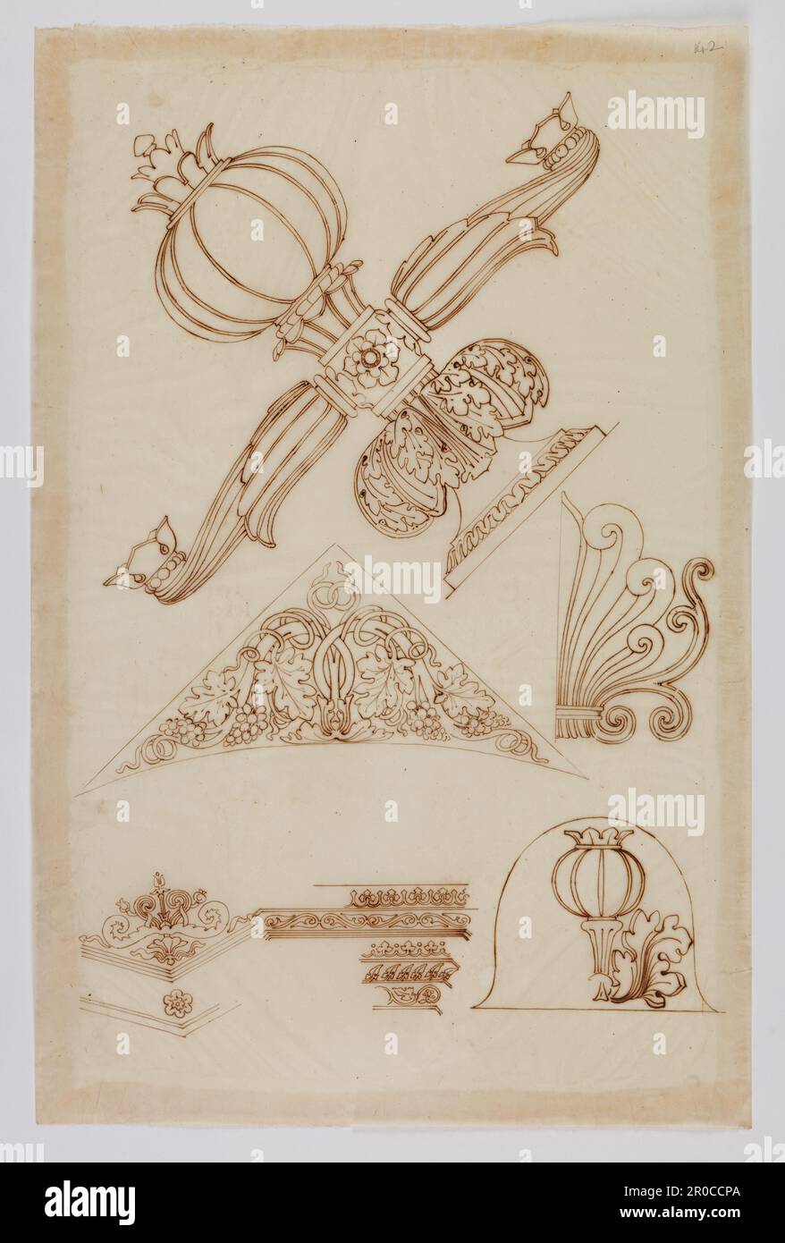 Wilkinson Tracing, Design pour une lampe et cinq designs pour la décoration incrusté, 1820. Encre sur papier de traçage. Concepteur : George Bullock. Rapporteur pour avis: Thomas Wilkinson Banque D'Images