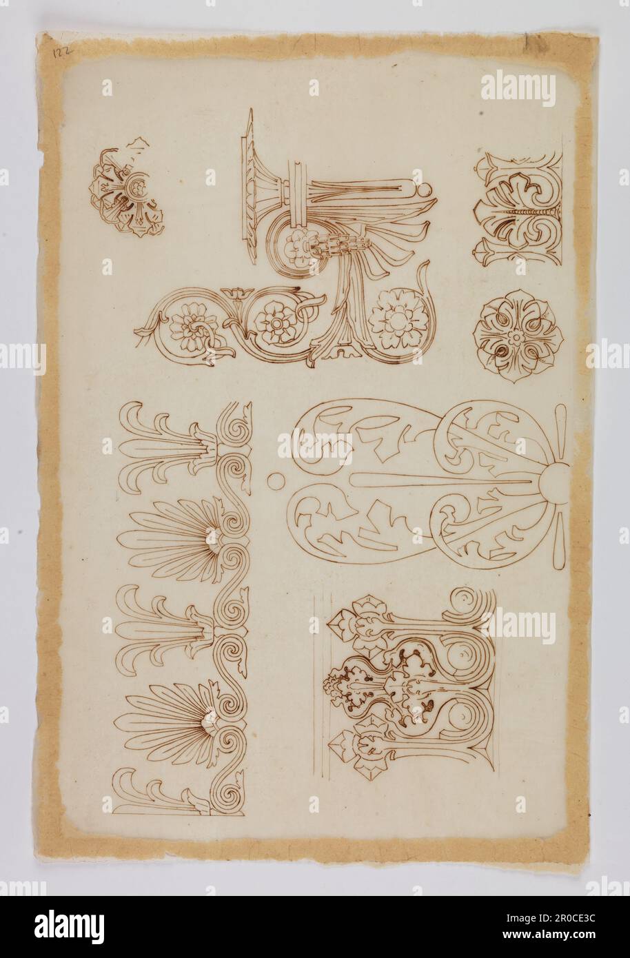 Wilkinson Tracing, six conceptions différentes pour l'ornement incrusté, 1820. Encre sur papier de traçage. Concepteur : George Bullock. Rapporteur pour avis: Thomas Wilkinson Banque D'Images