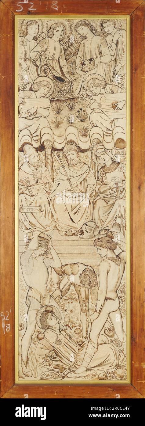 La pidation de St Stephen, 1863. Sir Edward Burne-Jones (d.1898). St Stephen au bas de la conception, étant lapidé, au-dessus, sont trois figures assis, y compris le souverain sacrificateur et St Paul; au sommet sont six anges, dont l'un tient la couronne du martyre. Design pour St Michael et All Angel’s Church, Lyndhurst, Hampshire, Angleterre . Banque D'Images