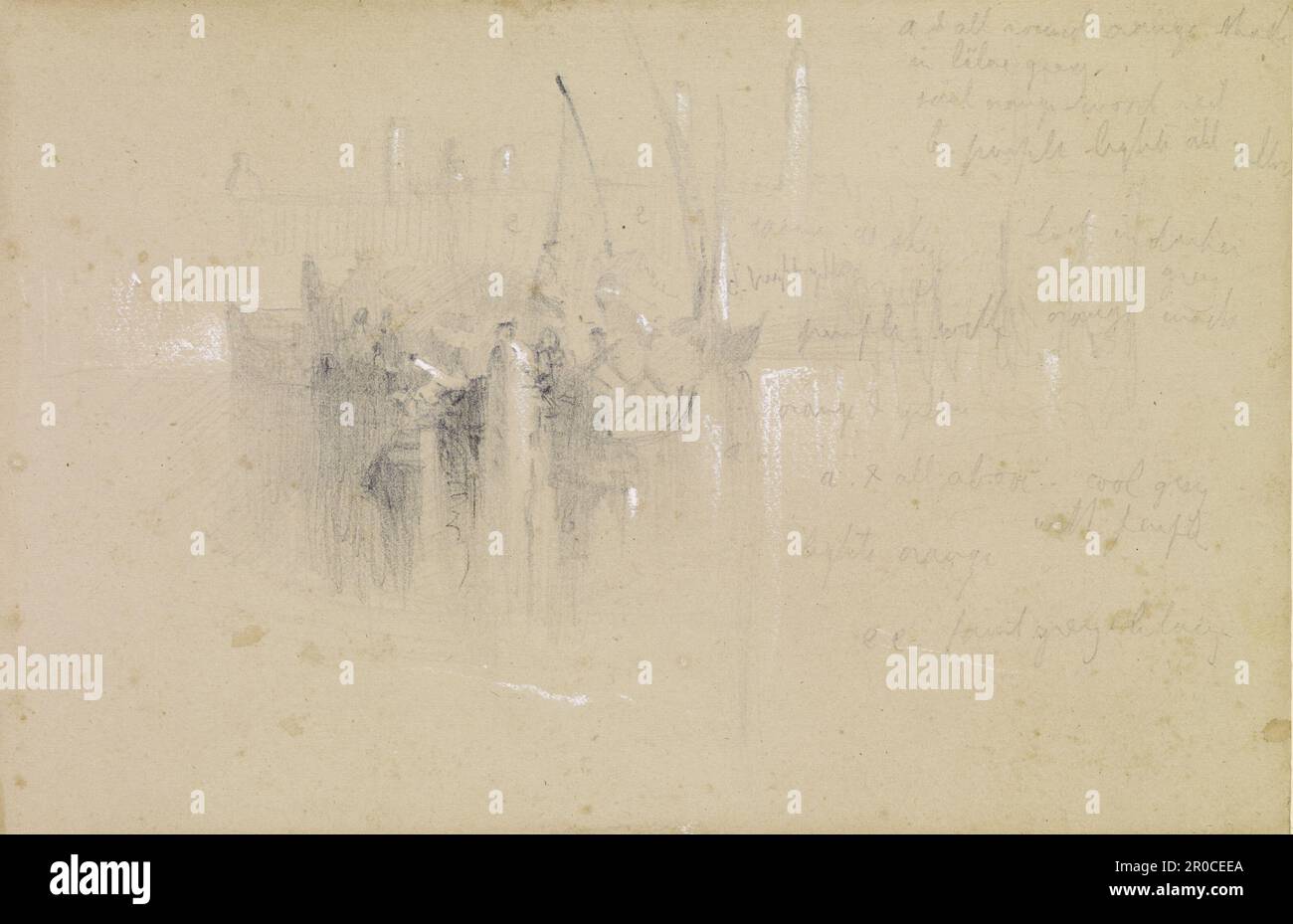 Turner's The Sun of Venice Going to Sea - Etude, 1843. Artiste: John Ruskin. Après : J M W Turner. Une copie des bateaux et du Campanile de S. Francisco della Vigna sur la droite de Turner 'le Soleil de Venise allant à la mer', avec des notes de couleur. Banque D'Images