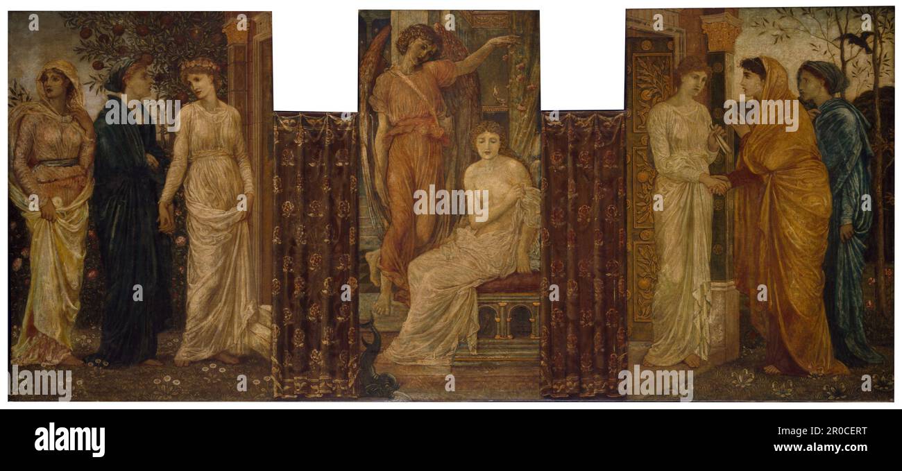 Cupid et psyché - peintures murales vertes du palais - Sœurs psyché la visitent à la Maison Cupid, 1881. Par Sir Edward Burne-Jones et Walter Crane. Une scène du poème épique de William Morris, « le paradis terrestre ». Banque D'Images