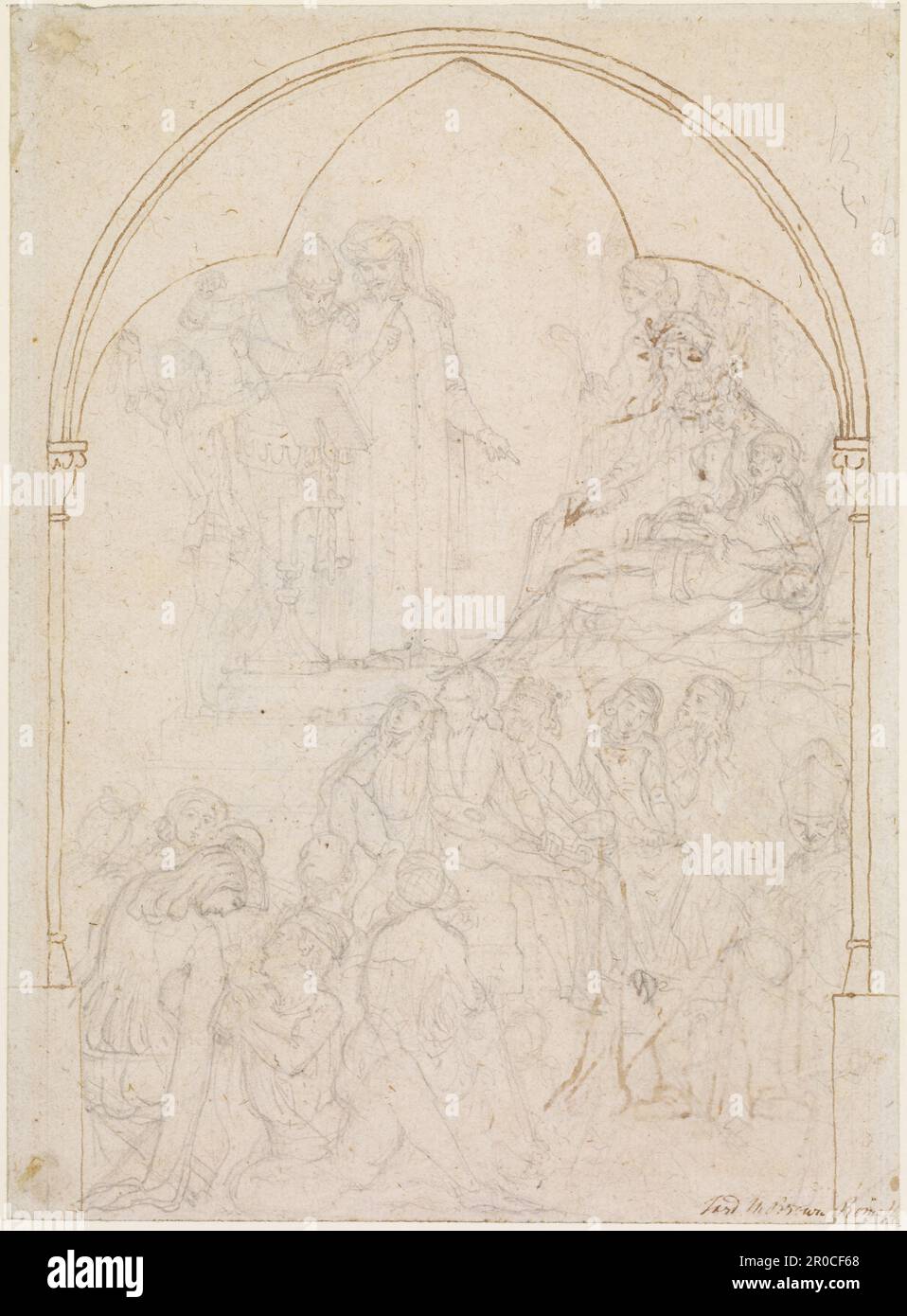 Recto/Front: Chaucer à la Cour d'Edward III - Etude, 1845. [Verso/Retour: Étude de composition précoce / étude pour la figure de Milton et deux dessins pour les pierres tombales, 1845]. Ford Madox Brown... Recto: Geoffrey Chaucer se trouve en haut, à gauche, en lisant d'un lutrin. Sur la gauche, Jean de Gaunt, en armure et étant taquiné par un jeune garçon, se tient derrière lui. Assis sur la droite avec une barbe est le roi Edward III et en dessous de lui, le Prince Noir est couché. Au fond se trouvent diverses autres figures en robe médiévale, cinq dans une rangée sur la droite avec un évêque et une figure légère juste en dessous d'eux et Banque D'Images