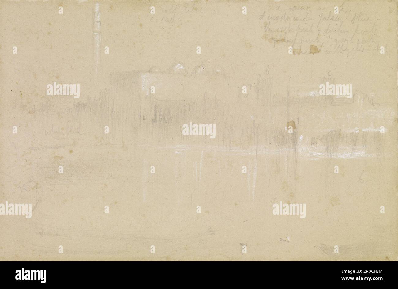 Turner's The Sun of Venice Going to Sea - Etude, 1843. Artiste: John Ruskin. Après : J M W Turner. Une copie du Palais des Doges et du Campanile de Turner 'le Soleil de Venise en mer', avec des notes de couleur. Banque D'Images