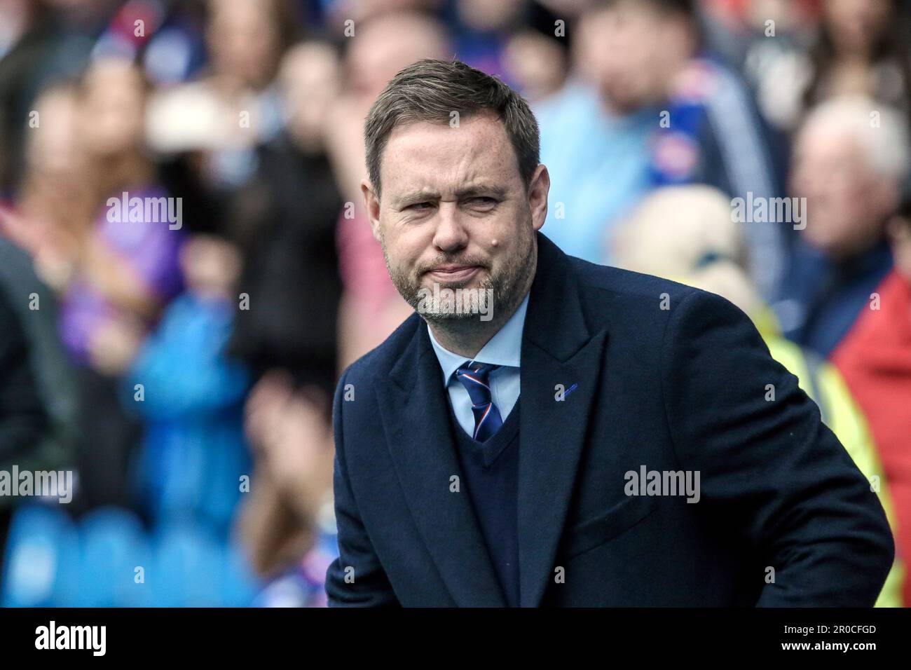 Micheal Beale, directeur du club de football écossais Rangers, s'est présenté au stade Ibrox de Glasgow, en Écosse, lieu de résidence des Rangers. Banque D'Images