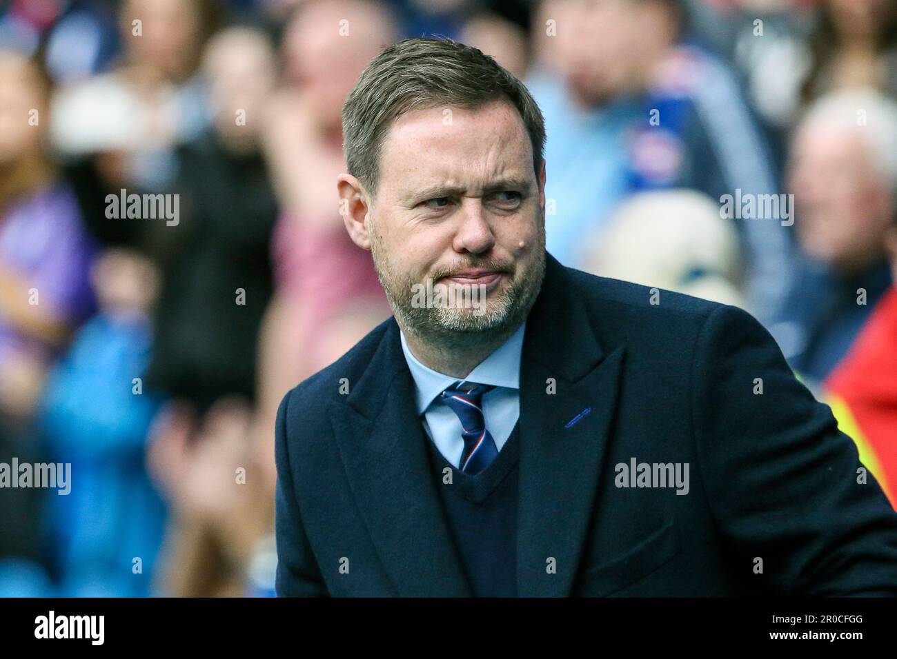 Micheal Beale, directeur du club de football écossais Rangers, s'est présenté au stade Ibrox de Glasgow, en Écosse, lieu de résidence des Rangers. Banque D'Images