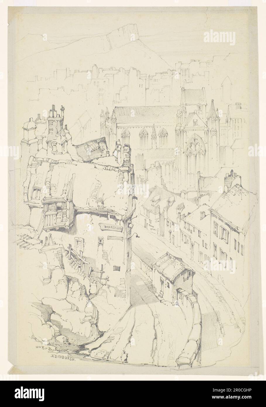 Trinity College Chapel, Édimbourg, 1838. Artiste: John Ruskin.. À partir de PreRaphaelites.org:. Ce dessin a traditionnellement été identifié comme une vue de la chapelle de Lady Glenorchy à Édimbourg. Cependant, le Dr Elizabeth Cummings a identifié le bâtiment comme étant l'église du Trinity College, vu de Calton Hill, à Édimbourg. Trinity College a été fondée en 1460 par la reine du roi James II Il a été construit en 1500s, bien que la nef n'ait jamais été achevée. Ruskin a visité l'Écosse avec ses parents en 1838 et il est probable qu'il ait exécuté ce travail pendant sa visite. Le style précis de dessin l'indique dans son Banque D'Images