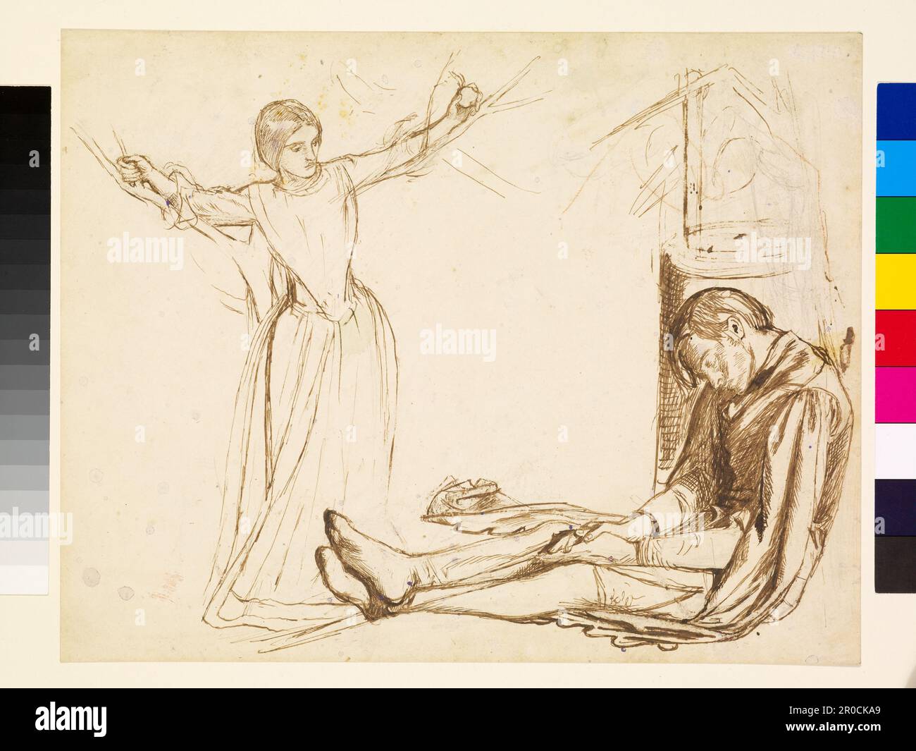 Launcelot au sanctuaire du Saint Graal, 1857. Étude pour les figures de Guenevere et Launcelot pour la vision de Sir Launcelot. Artiste: Dante Gabriel Rossetti. Stylo marron et encre sur crayon avec touches de craie rouge et petites éclaboussures de couleur accidentelle, sur papier Banque D'Images