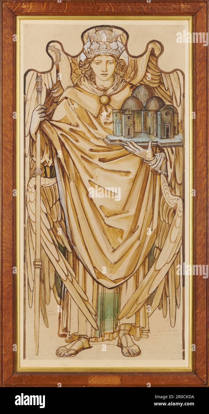 Les anges de la hiérarchie - potentats, 1873. Artiste: Sir Edward Burne-Jones (d.1898). Assistant : Charles Fairfax Murray (d.1919).. Angel a vu le modèle de tenue d'un bâtiment bombé, et dans sa main droite un crozier. Design pour Jesus College, Cambridge . Banque D'Images