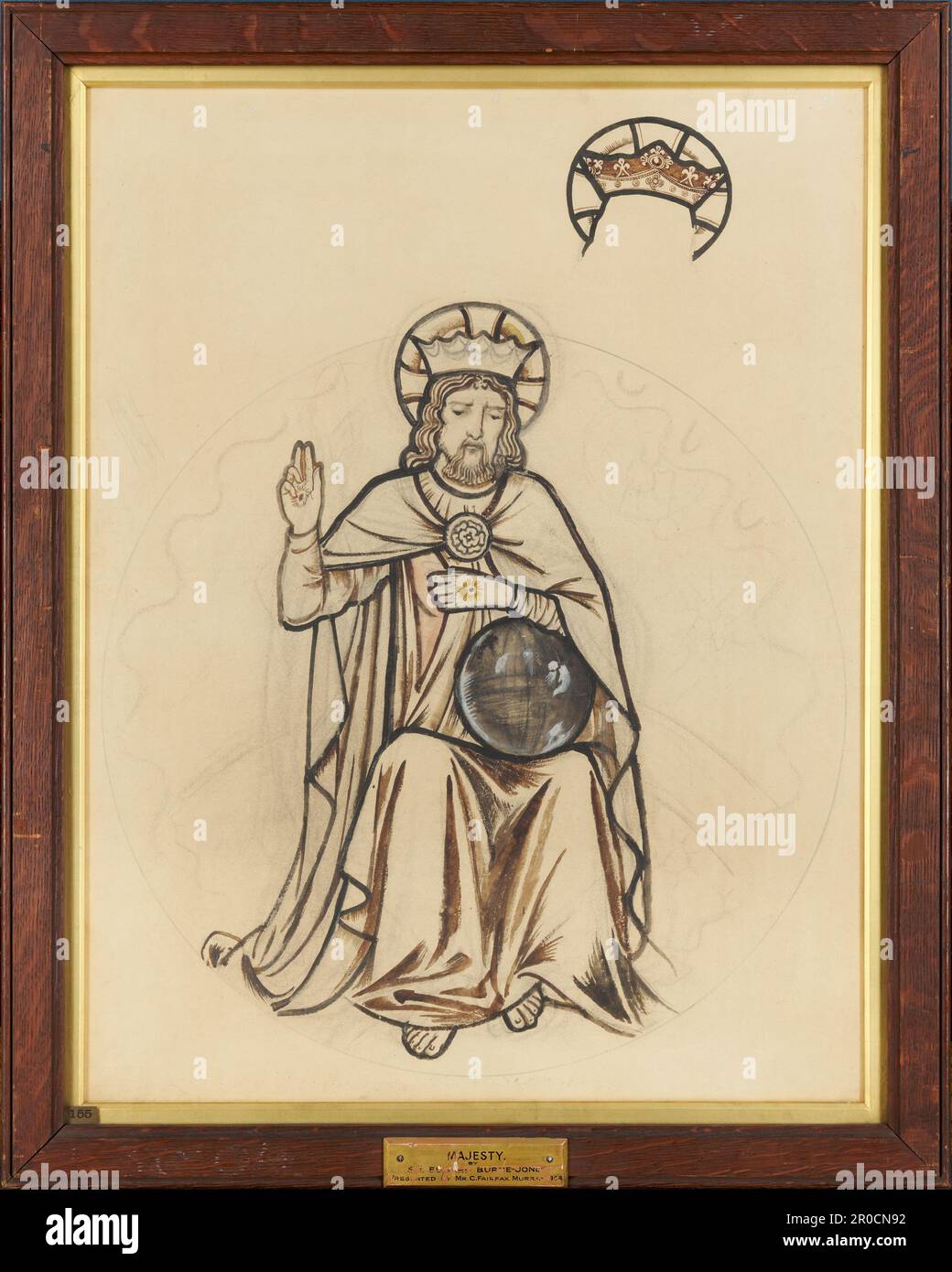 Christ en majesté,1863. Sir Edward Burne-Jones (d.1898). Design pour l'église St Lapoca, Truro, Cornouailles, montre le Christ levant la main droite avec l'étoile, le soleil sur le genou, assis sur la lune. Banque D'Images