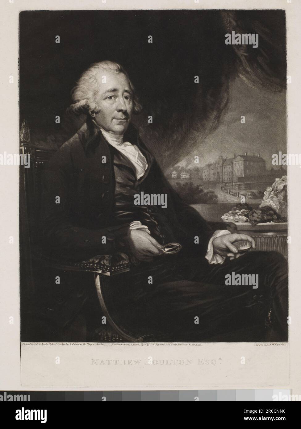 Portrait de Matthew Boulton. Gravé par Samuel William Reynolds, après un portrait de Charles Frederick von Breda... Matthew Boulton était l'un des chefs d'entreprise et visionnaires du XVIIIe siècle. En partenariat avec James Watt, en 1775, il lance le développement et l'application industrielle de la machine à vapeur. En 1761, il a commencé à construire sa Manufactory Soho, où il a été le pionnier des techniques révolutionnaires de production. Il a également établi la première monnaie à la vapeur au monde. Banque D'Images