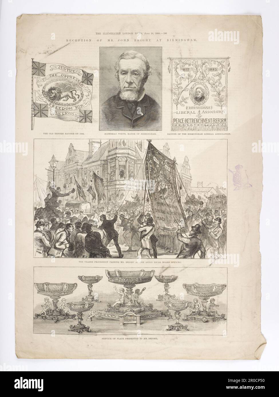 Réception de John Bright à Birmingham, 1883. Cinq gravures relatives à la réception de John Bright à Birmingham. Page de The London Illustrated News, présentant cinq gravures relatives à la réception de John Bright à Birmingham, 1883. Les illustrations incluent:- 'ancienne bannière de réforme de 1832/ Alderman White, Maire de Birmingham/ bannière de Birmingham Association libérale/ procession de métiers passant M. .Bright au conseil d'administration local d'Aston. Banque D'Images