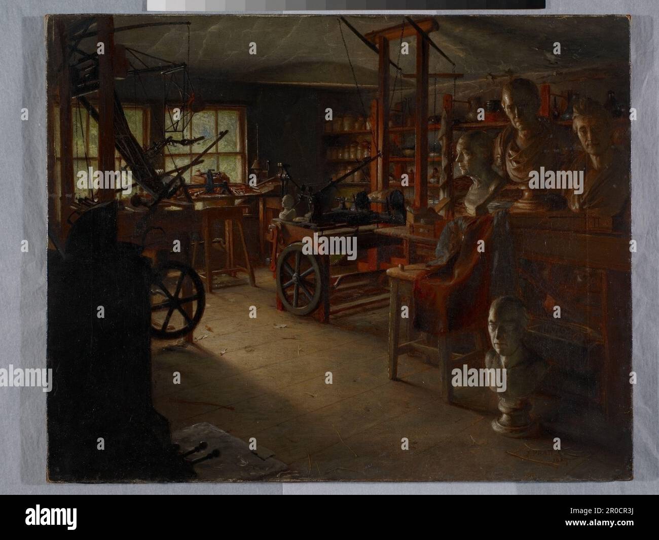 Salle de travail de James Watt, Heathfield Hall, 1889. Huile sur toile. Artiste: Jonathon Pratt.. Heathfield Hall, parfois appelé Heathfield House, a été érigé entre 1787-90 pour le célèbre ingénieur et inventeur, James Watt, et a été conçu par Samuel Wyatt. Banque D'Images
