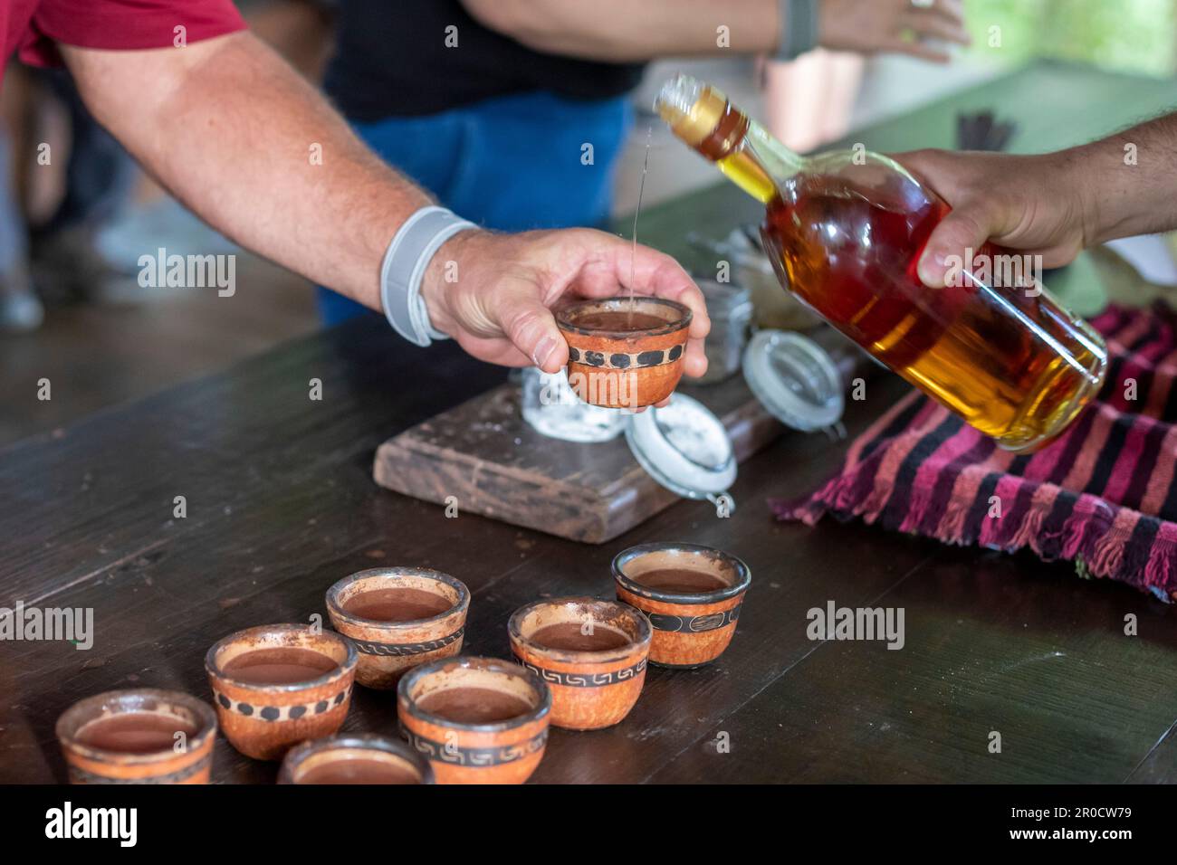 La Virgen, Costa Rica - les visiteurs de la station de recherche Tirimbina apprennent à connaître la plante de cacao et comment le chocolat est fait à partir de fèves de cacao. Banque D'Images