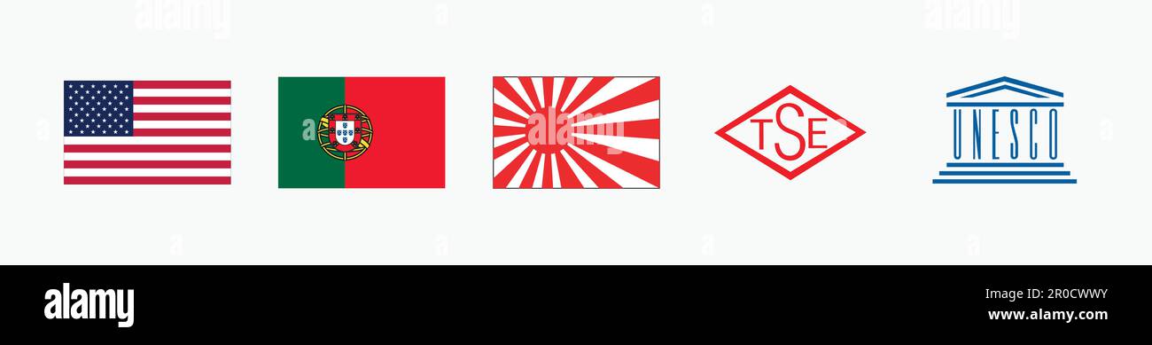 Logo drapeau américain, logo TSE, logo de style ancien drapeau japonais, logo UNESCO, logo drapeau / logo bandeira Portugal. Illustration du logo vectoriel du gouvernement. Illustration de Vecteur
