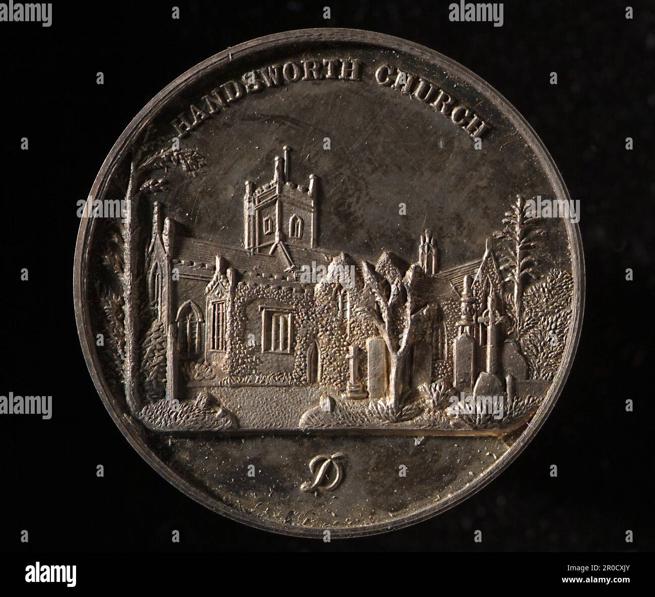 [Inverse - inverse]. Halfpenny Token - Handsworth Church, 1928. Fabricant: Davis. Collection pièces et médailles. Inverse : l'église de Handsworth. Avant : armoiries de Birmingham Banque D'Images