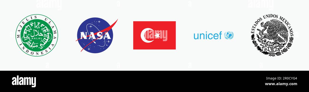 Logo Türk Bayrağı (drapeau de la Turquie), LOGO HALAL MUI, logo NASA, logo Escudo Nacional Mexicano, logo UNICEF. Illustration du logo vectoriel du gouvernement. Illustration de Vecteur