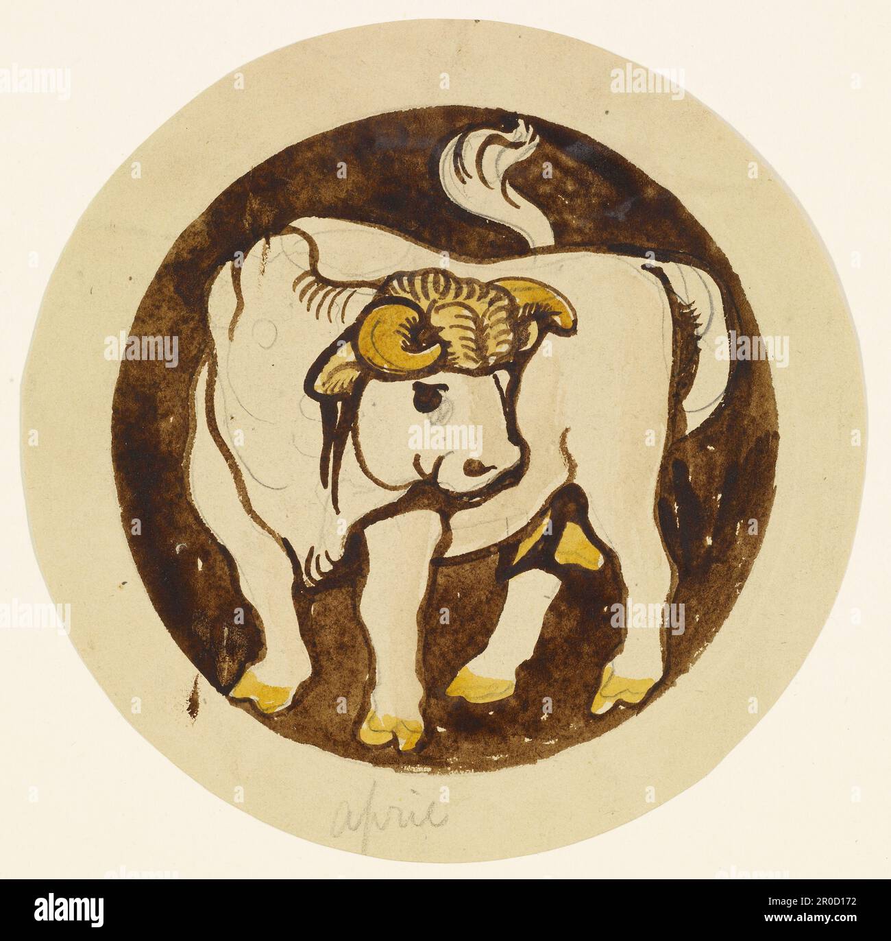 Les douze signes du Zodiaque - Taureau. Artiste: Philip Speakman Webb (d.1915). Les 12 signes du zodiaque, dessins pour vitraux pour une lumière circulaire de la trasery avec un diagramme de crayon montrant la position de chaque dessin dans la trasery. Banque D'Images